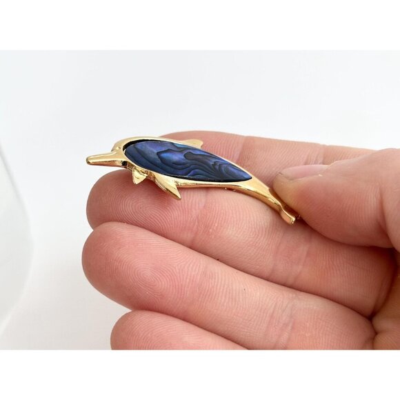 Dolphin Figural Faux Blue Abalone Gold Toned 90's Vintage Lapel Brooch Pin - Picture 5 of 10